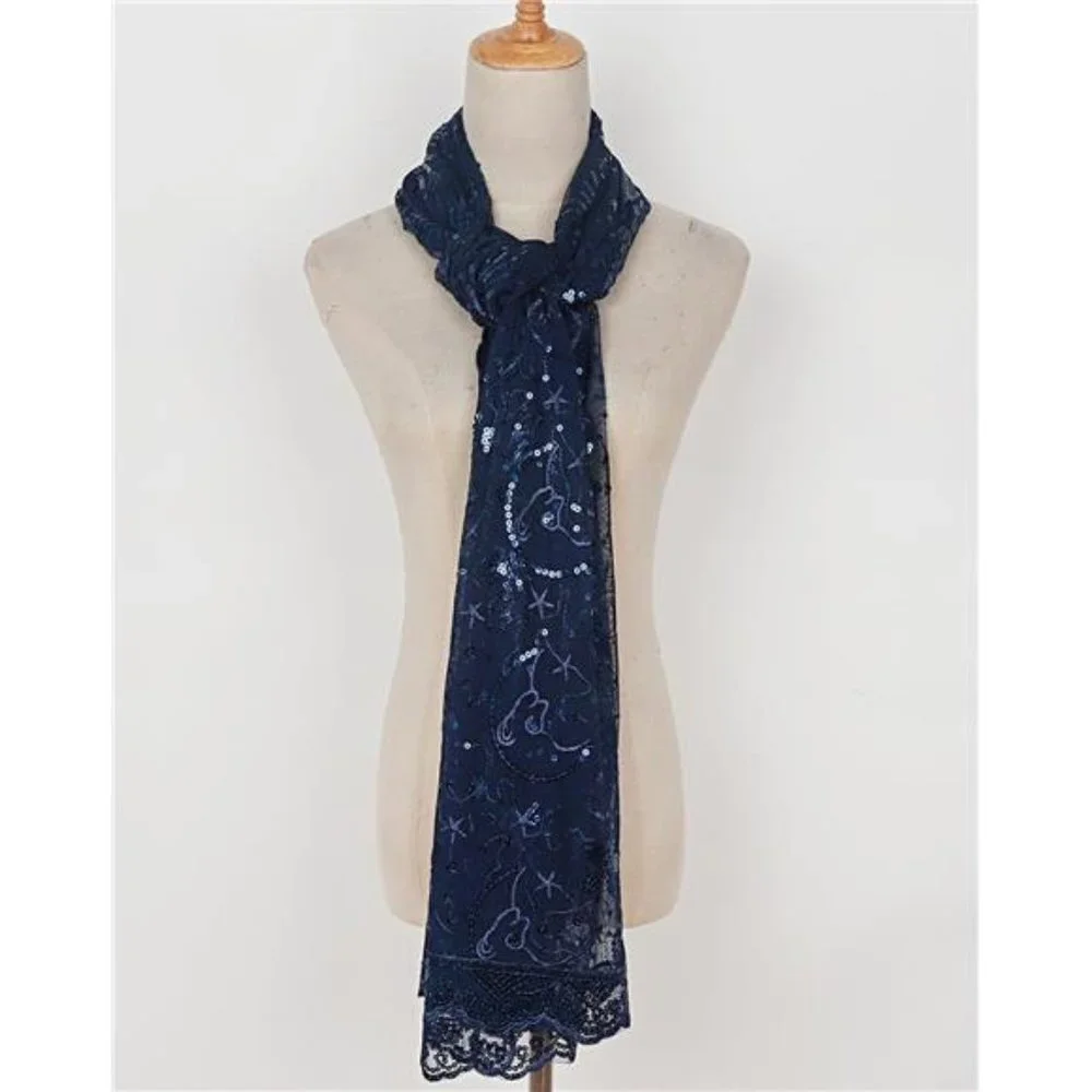 Boho Navy‎ Blue Moon & Star Sheer Mesh Sequin Embellished Shawl Wrap Scarf